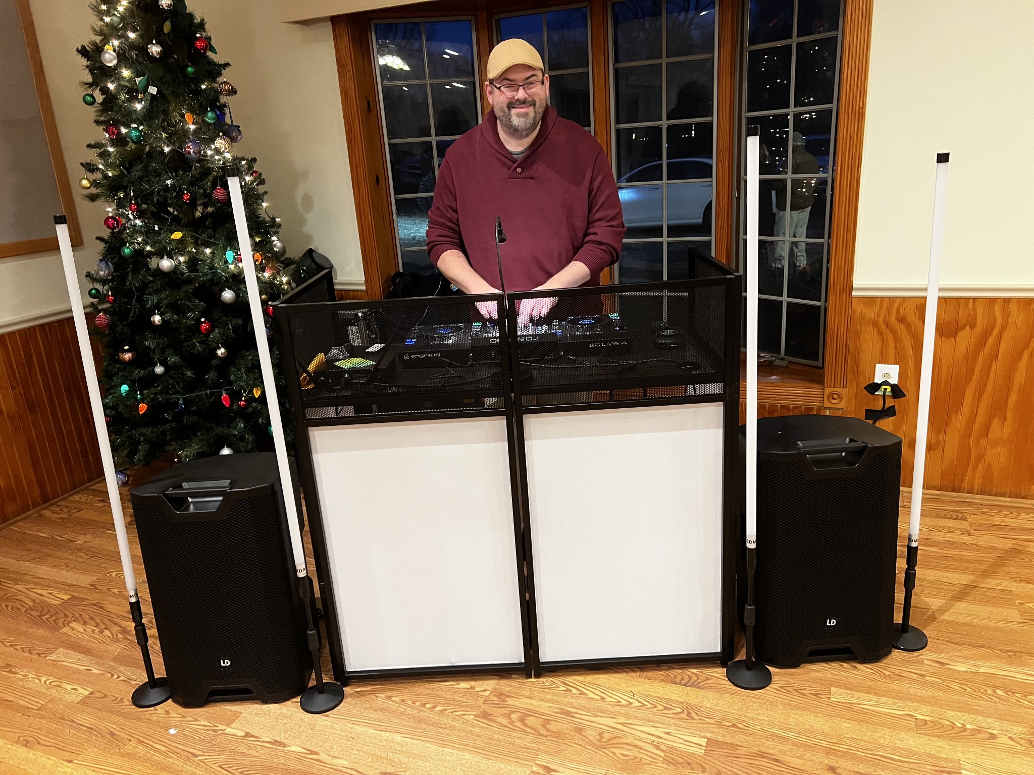 Full professional DJ booth, speakers and lighting